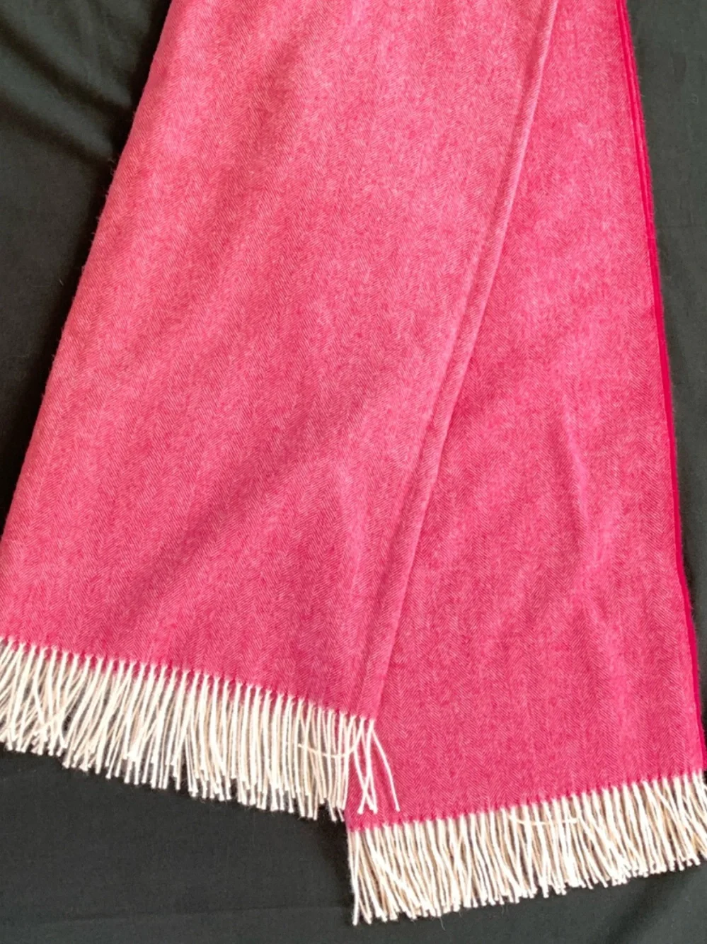 Soft Pink & Cream Herringbone Wool Blend Throw Blanket w/ Fringe 52.5”x67